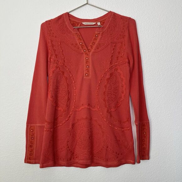 Soft Surroundings Waffle Thermal Top Small Orange Embroidered Long Sleeve Artsy - Picture 2 of 8